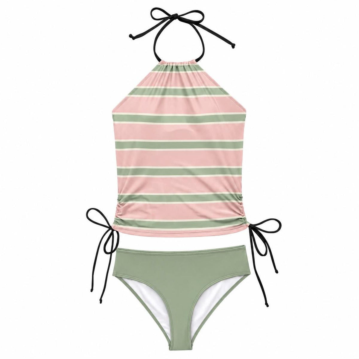 Retro Halter Tankini Swimsuit – Two-Piece Drawstring Halter Bathing Suit – Green & Pink Striped
