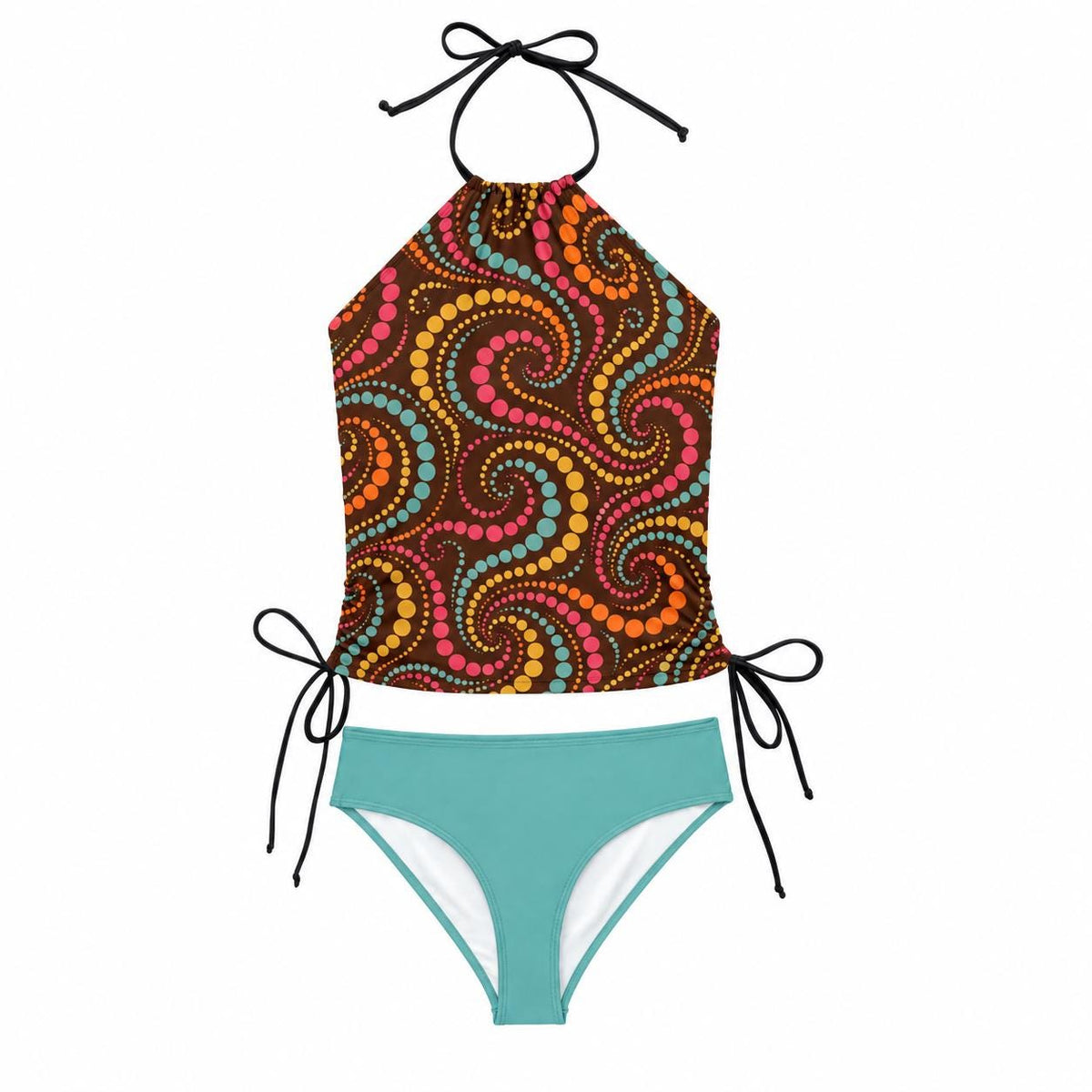 Retro Psychedelic Halter Tankini Swimsuit – Two-Piece Drawstring Halter Bathing Suit