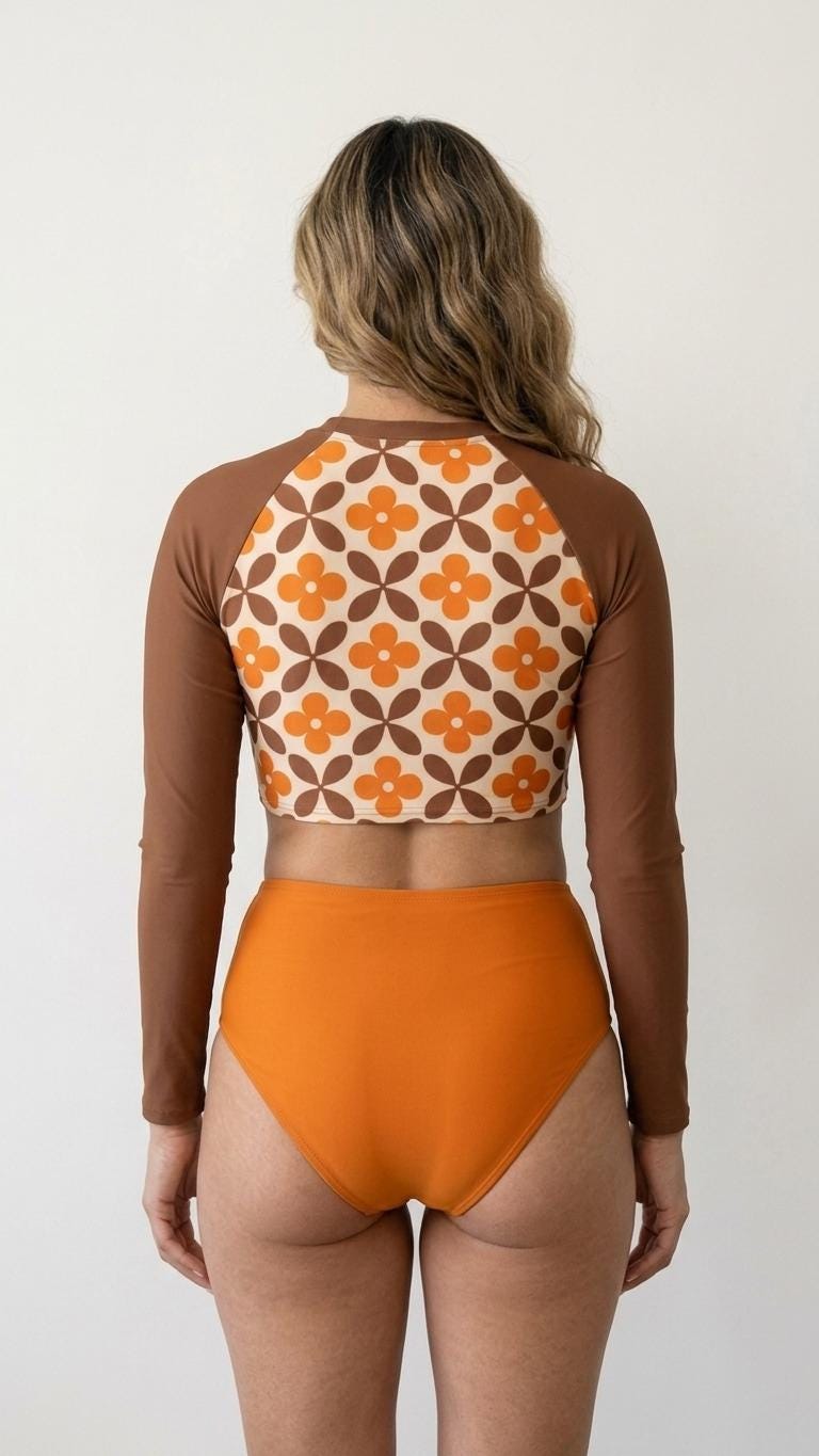 Mid-Century Mod-Style Retro Long-Sleeve Rash-Guard Bikini | Two-Piece Swimsuit with High-Waisted Bottoms | Brown & Orange