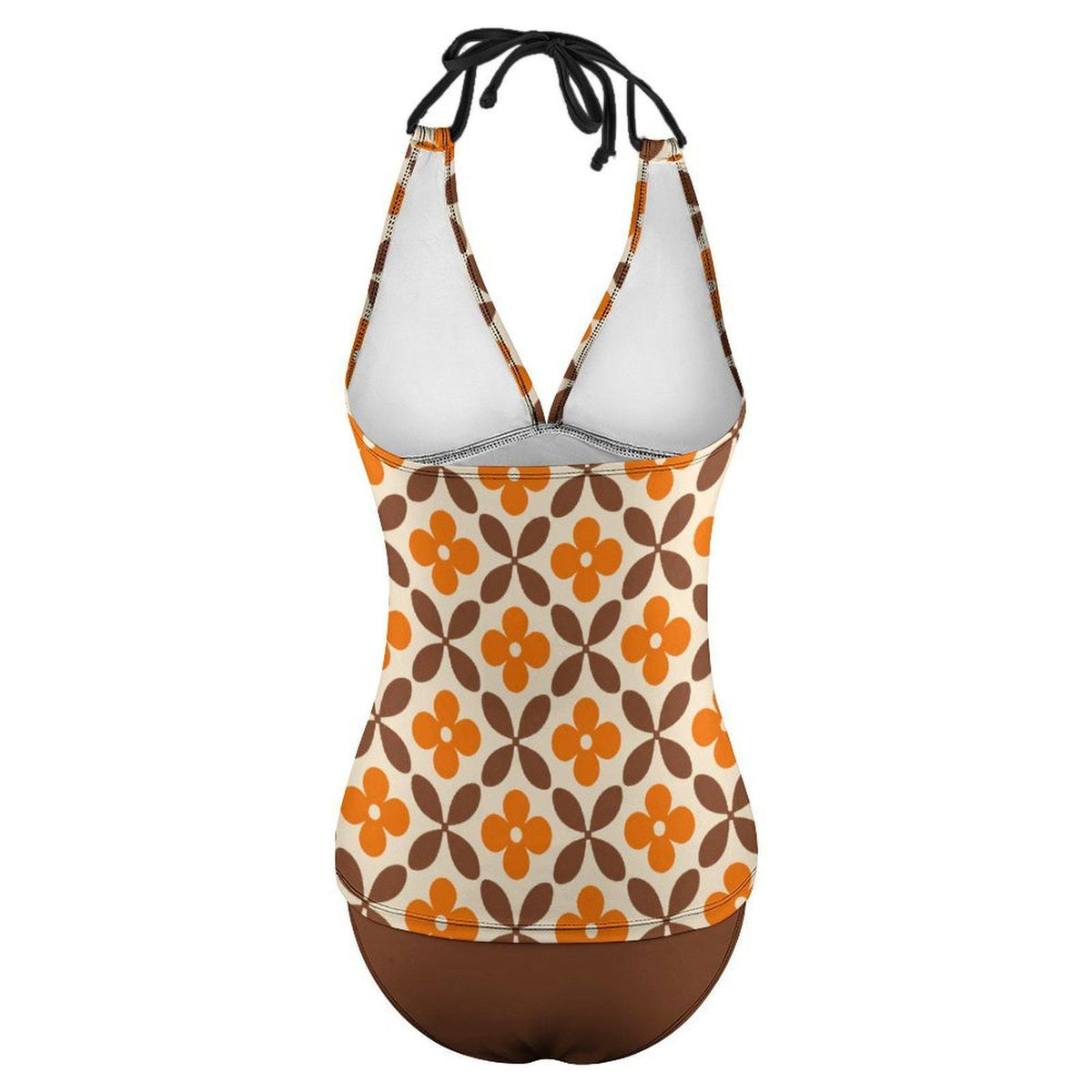 Retro Seventies Adjustable Tankini | V-Neck Split Two-Piece Halter Swimsuit | Mod Mid-Century Brown & Orange