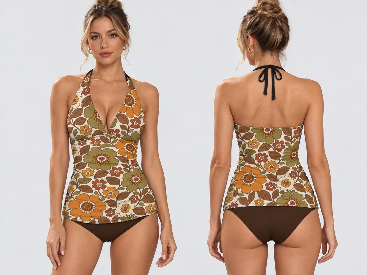 Retro Chic Classic Active Split Surf Tankini Swimsuit - 1970s Vintage Florals