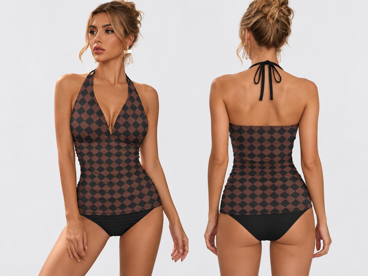 Retro Seventies Adjustable Tankini | V-Neck Split Two-Piece Halter Swimsuit | Mod Mid-Century Print in Brown