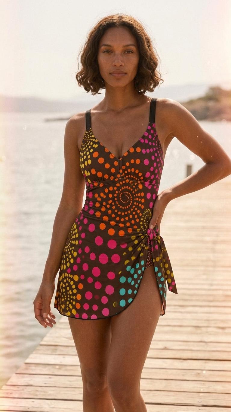 Retro Swim Dress, Integrated Bottoms & Adjustable Straps, Vintage-Inspired Modest One-Piece Romper, Boho Psychedelic Swirls