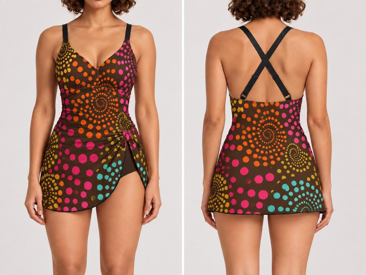 Retro Swim Dress, Integrated Bottoms & Adjustable Straps, Vintage-Inspired Modest One-Piece Romper, Boho Psychedelic Swirls