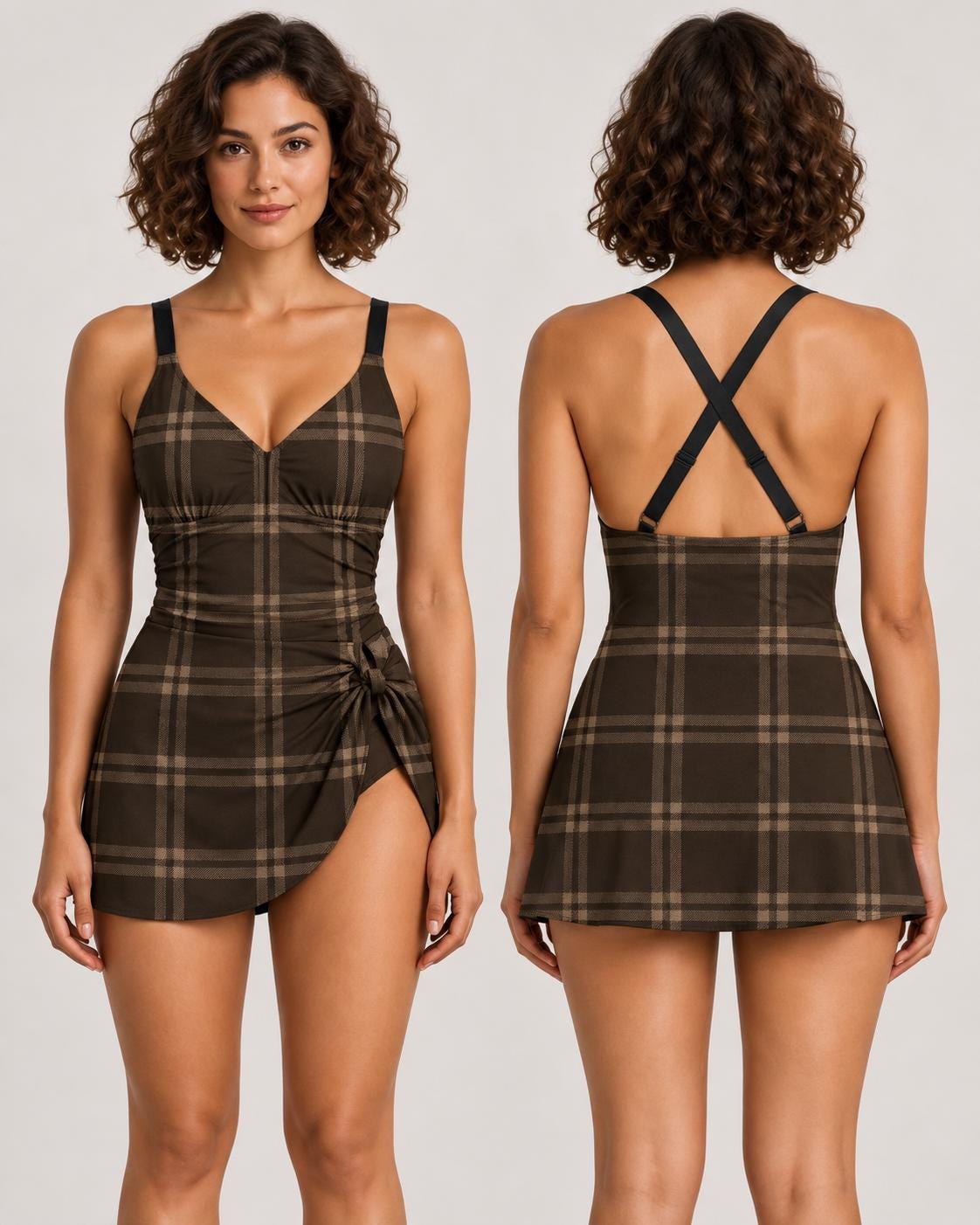 Retro Swim Dress, Integrated Bottoms & Adjustable Straps, Vintage-Inspired Modest One-Piece Romper, Dark Academia Tartan