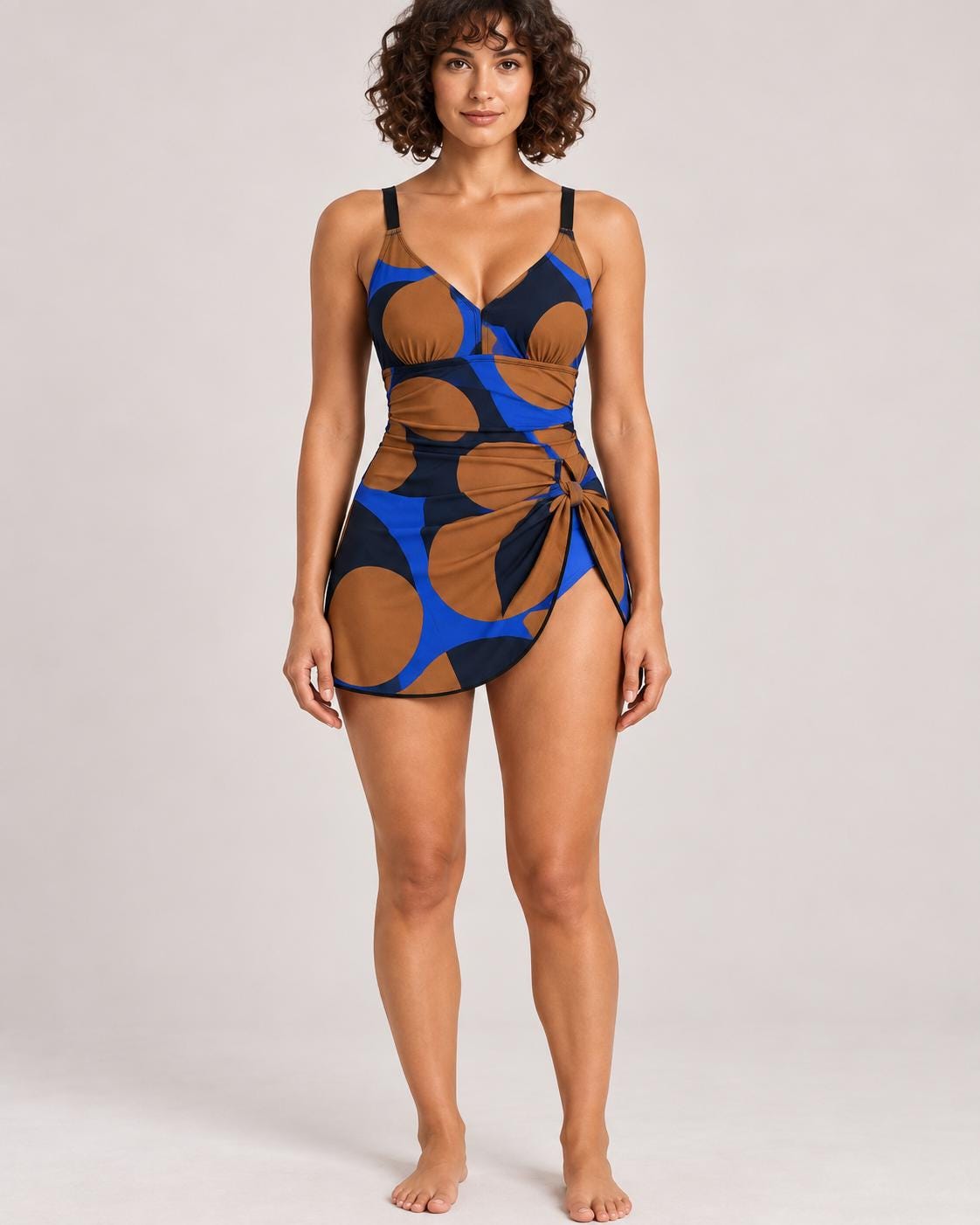 Retro Swim Dress, Integrated Bottoms & Adjustable Straps, Vintage-Inspired Modest One-Piece Romper, Vintage Mid-Century Print