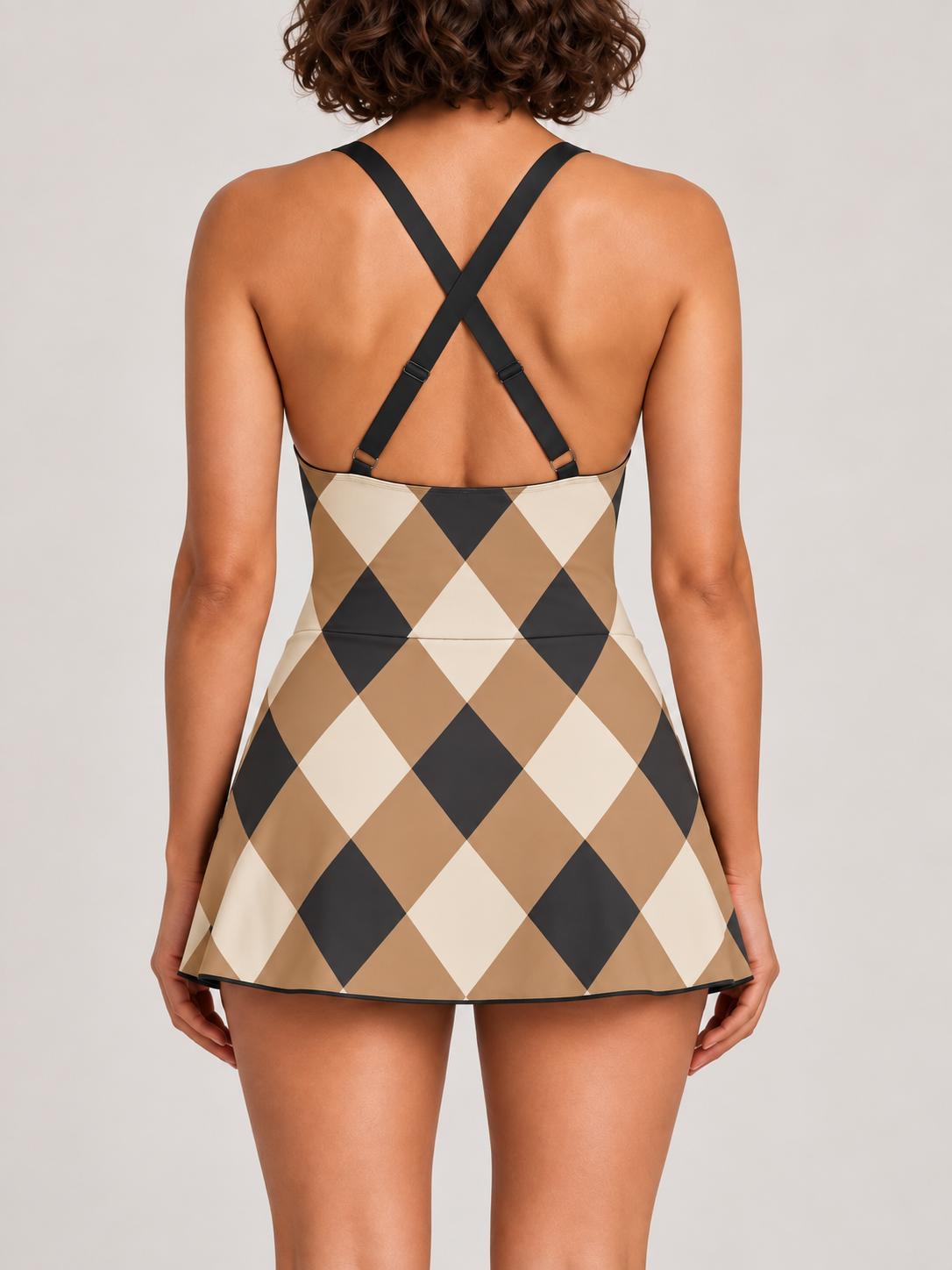 Retro Swim Dress, Integrated Bottoms & Adjustable Straps, Vintage-Inspired Modest One-Piece Romper, Mid-Century Checks
