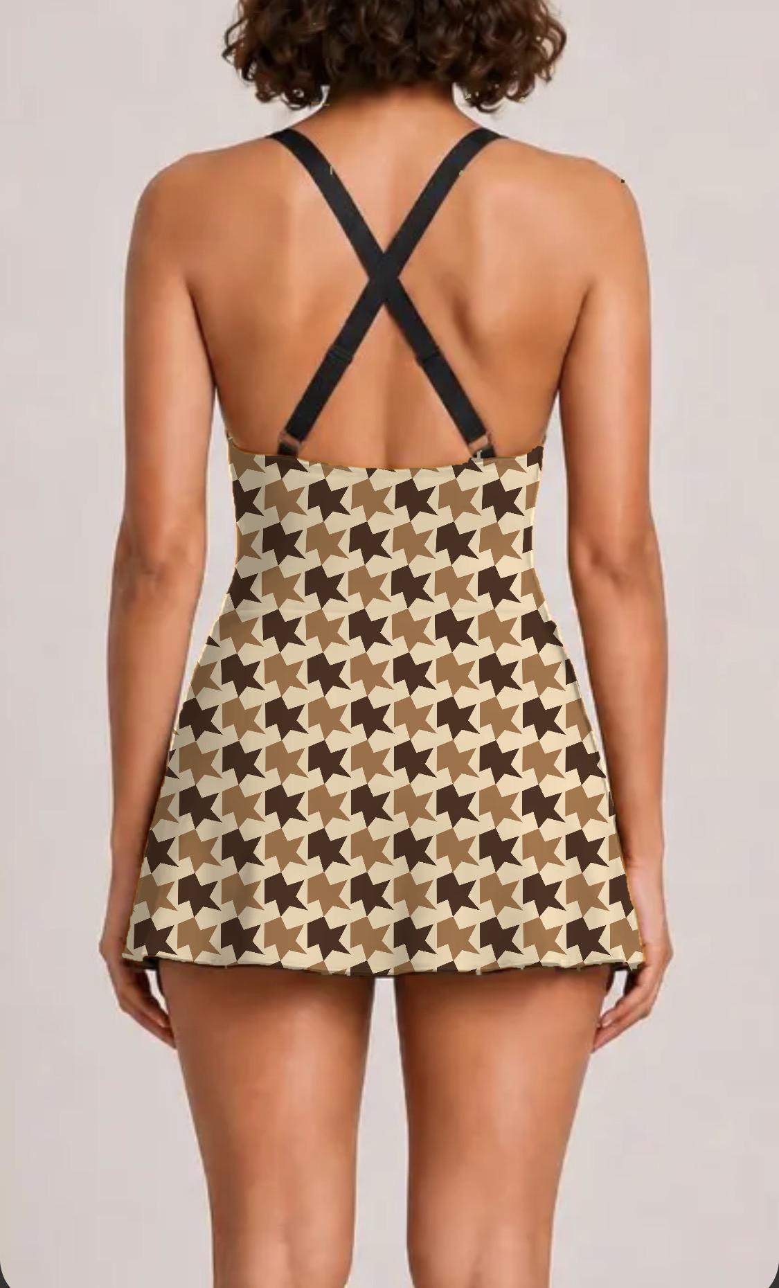 Retro Swim Dress, Integrated Bottoms & Adjustable Straps, Vintage-Inspired Modest One-Piece Romper, Mid-Century Houndstooth