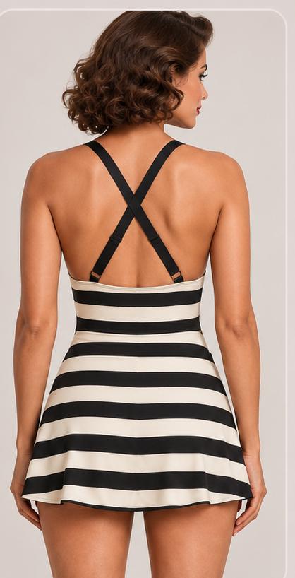 Retro Swim Dress, Integrated Bottoms & Adjustable Straps, Vintage-Inspired Modest One-Piece Romper, Mid-Century Stripes