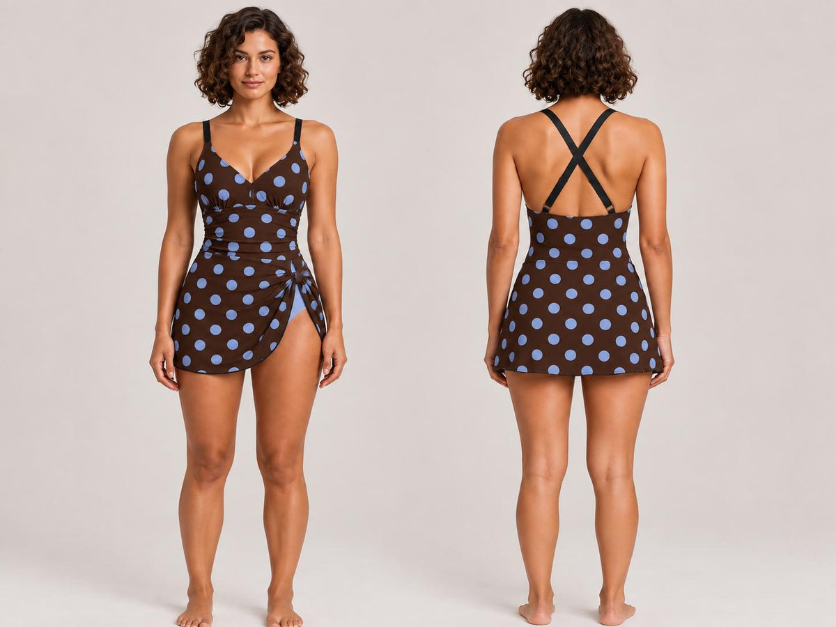 Retro Chocolate & Blue Polka Dot Swim Dress, Modest One-Piece with Integrated Bottoms, Adjustable Straps