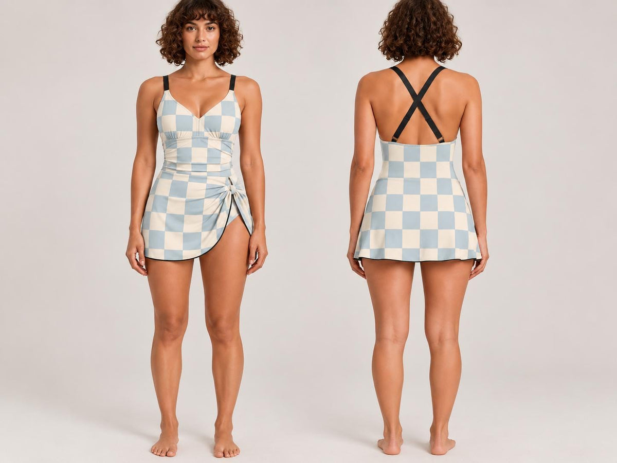 Retro Swim Dress, Integrated Bottoms & Adjustable Straps, Vintage-Inspired Modest One-Piece Romper, Mid-Century Blue Checks