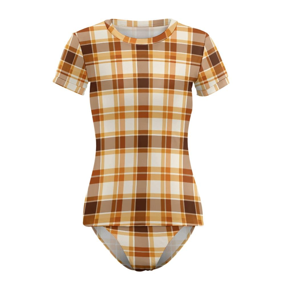Chic Minimalist Tankini – Stylish Short-Sleeve Rash-Guard Swim-Top & Briefs Swimsuit | Retro Autumnal Plaid