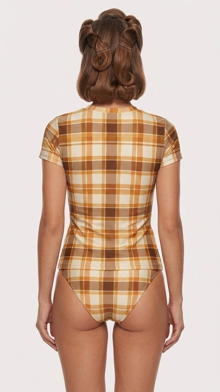 Chic Minimalist Tankini – Stylish Short-Sleeve Rash-Guard Swim-Top & Briefs Swimsuit | Retro Autumnal Plaid