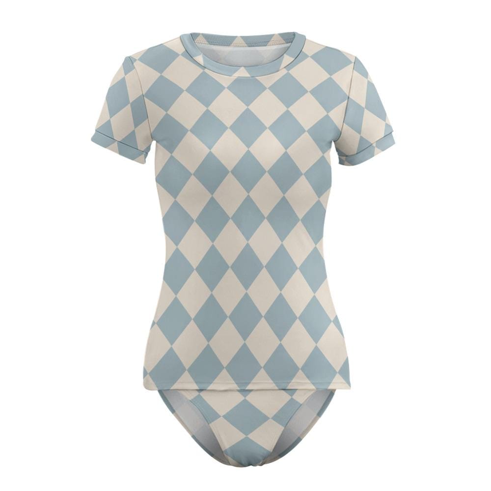 Chic Minimalist Tankini – Stylish Short-Sleeve Rash-Guard Swim-Top & Briefs Swimsuit | Retro Blue Diamonds
