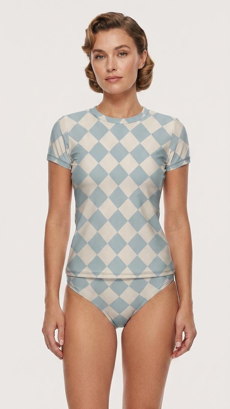 Chic Minimalist Tankini – Stylish Short-Sleeve Rash-Guard Swim-Top & Briefs Swimsuit | Retro Blue Diamonds