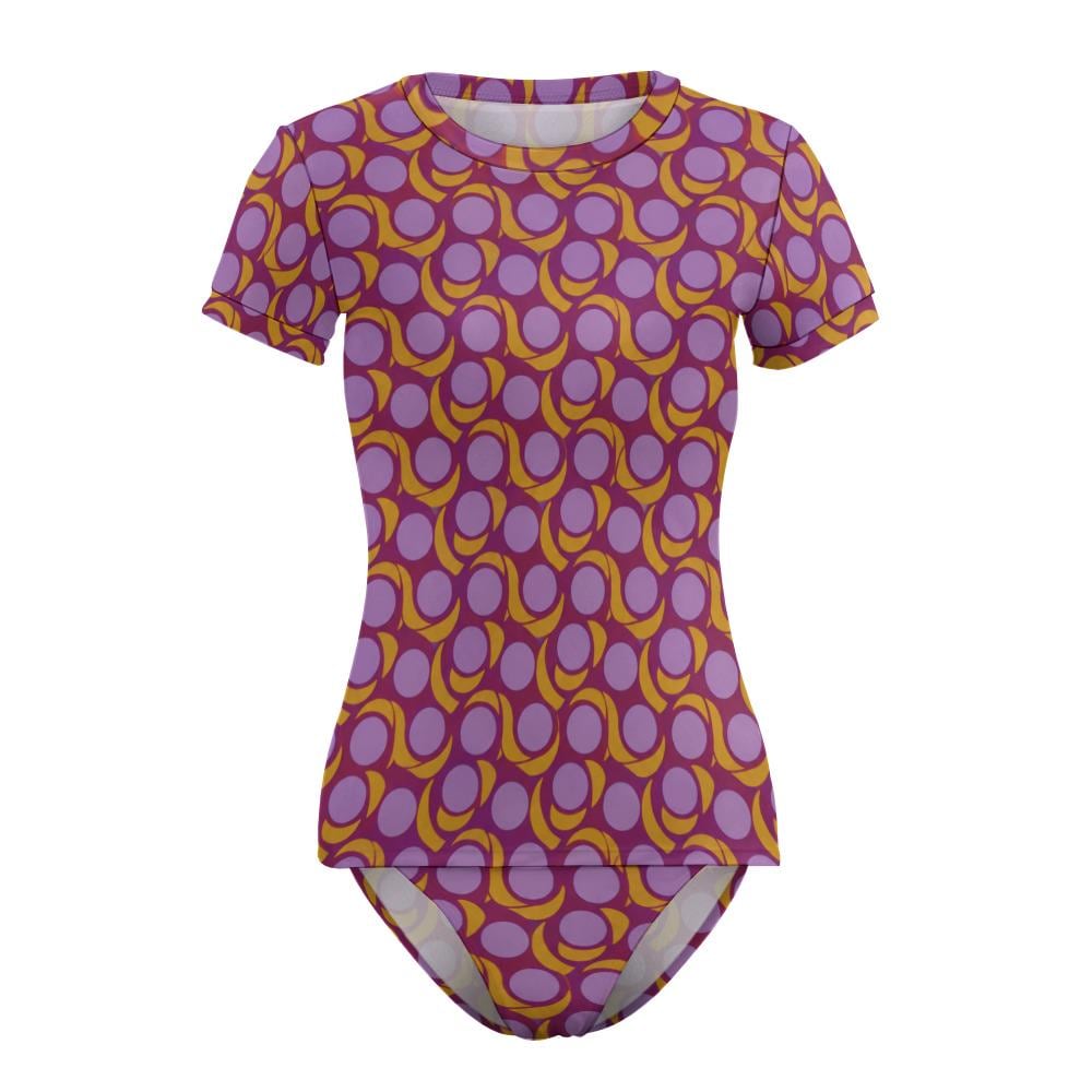 Chic Minimalist Tankini – Short Sleeve Rash-Guard Swim-Top & Briefs Swimsuit | Retro Mod-Style Mid-Century Purple