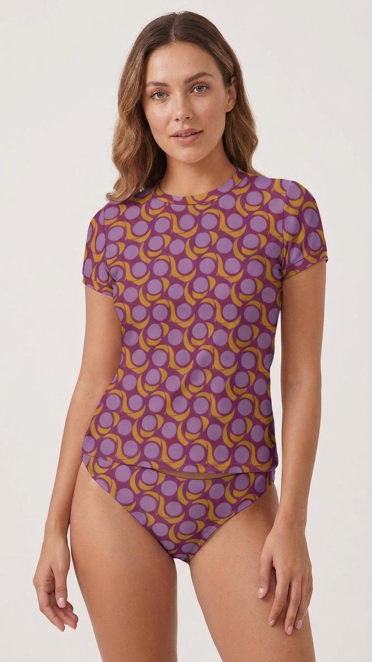 Chic Minimalist Tankini – Short Sleeve Rash-Guard Swim-Top & Briefs Swimsuit | Retro Mod-Style Mid-Century Purple