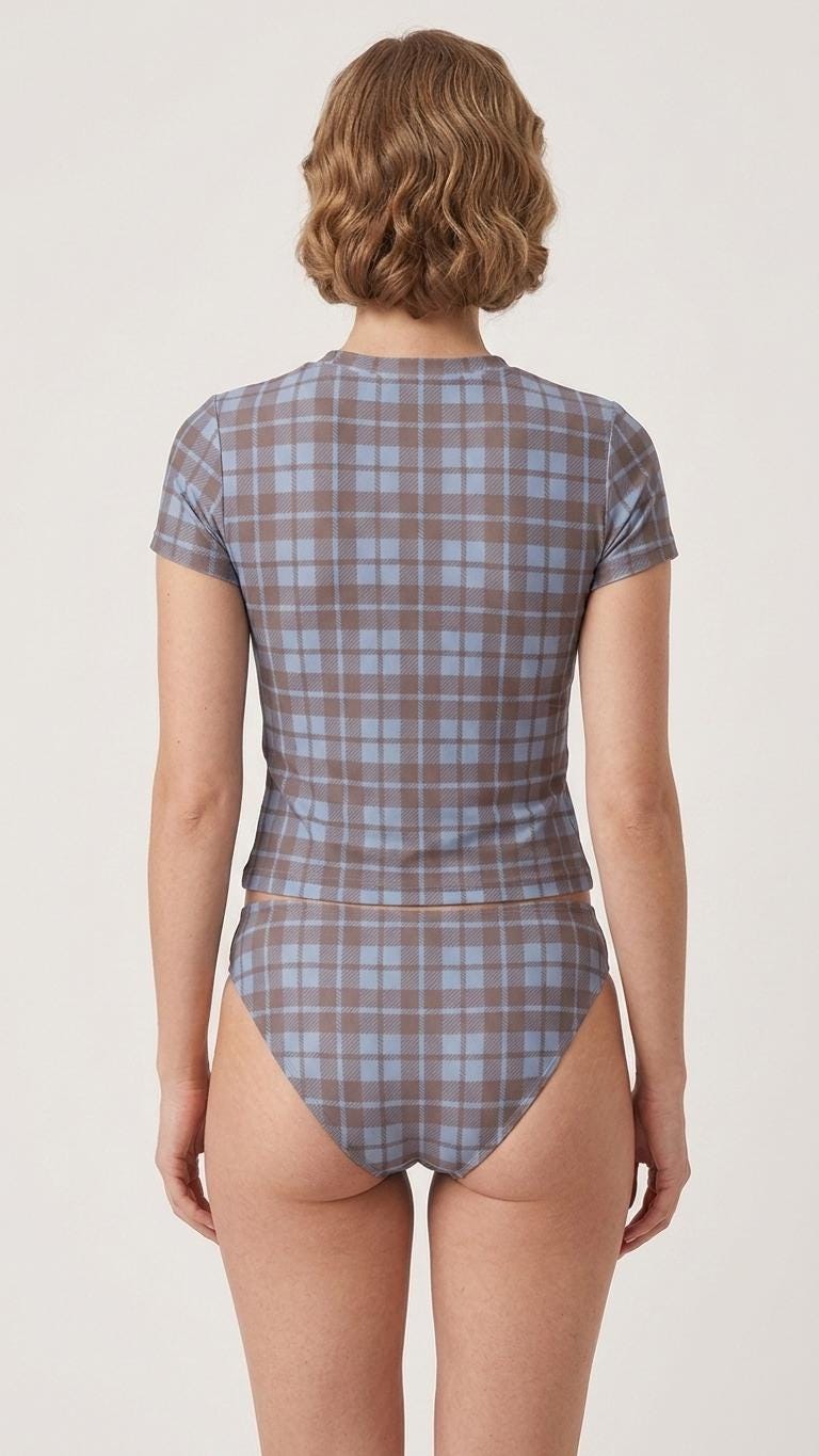 Chic Minimalist Tankini – Stylish Short-Sleeve Rash-Guard Swim-Top & Briefs Swimsuit | Retro Blue Plaid