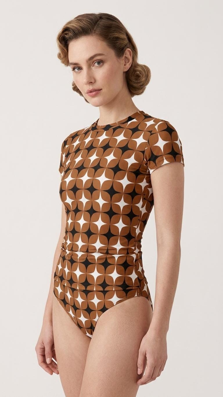 Chic Minimalist Tankini – Stylish Short Sleeve Rash-Guard Swim-Top & Briefs Swimsuit | Retro Mod-Style in Brown
