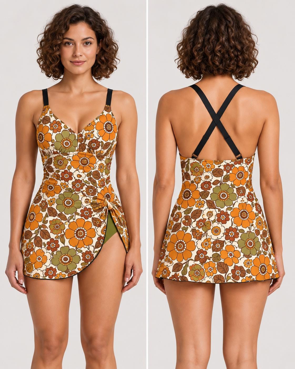 Retro Swim-Dress, Integrated Bottoms - Adjustable Straps, Modest One-Piece, Vintage 1970s Florals