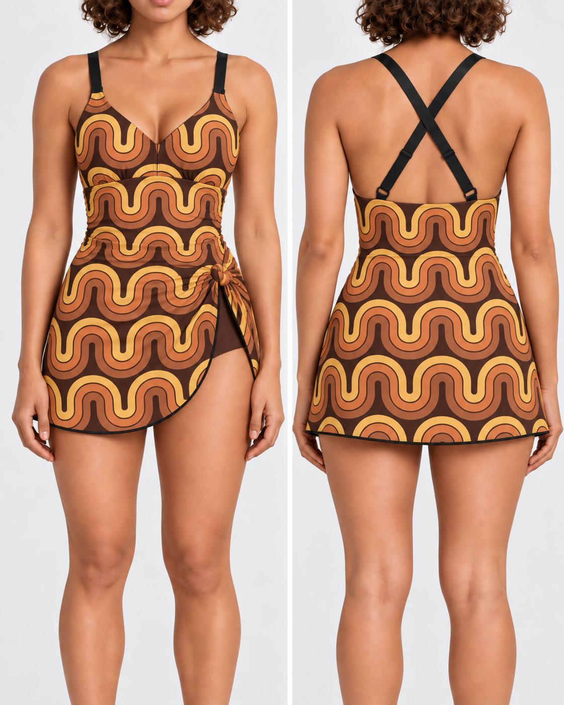 Retro Swim-Dress, Integrated Bottoms - Adjustable Straps, Modest One-Piece, Vintage Seventies Groovy Waves