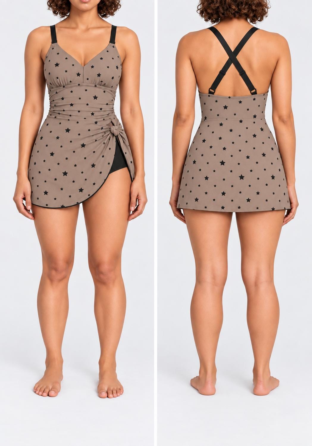 Black Star Retro Swim Dress, Modest One-Piece with Integrated Bottoms, Adjustable Straps