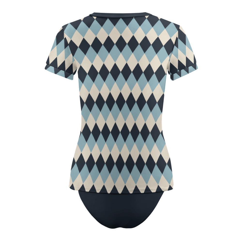 Chic Minimalist Tankini – Stylish Short-Sleeve Rash-Guard Swim-Top & Briefs Swimsuit | Retro Navy Argyle