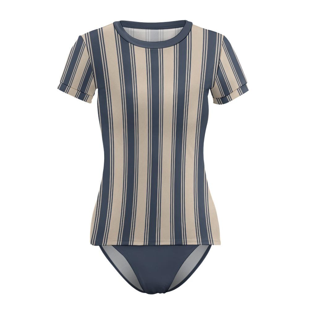 Chic Minimalist Tankini – Stylish Short-Sleeve Rash-Guard Swim-Top & Briefs Swimsuit | Retro Blue Stripes