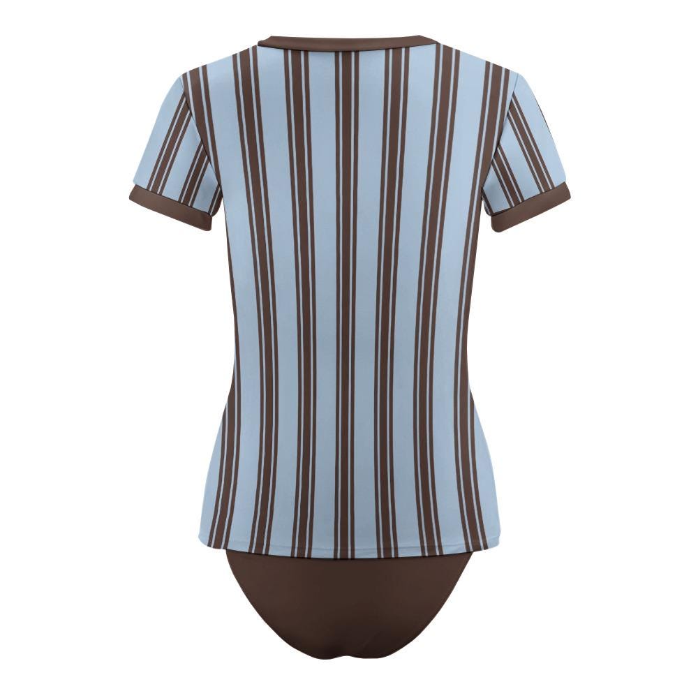 Chic Minimalist Tankini – Stylish Short-Sleeve Rash-Guard Swim-Top & Briefs Swimsuit | Retro Blue and Chocolate Stripes