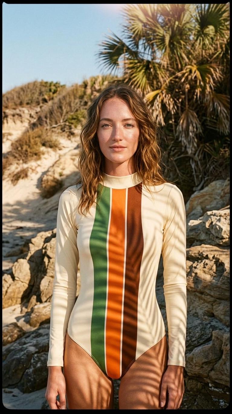 Seventies Mod-Style Long-Sleeve One-Piece Swimsuit - Back-Zipper - Lightweight & Sheer - Soft Chest Pads - Off White with Stripes