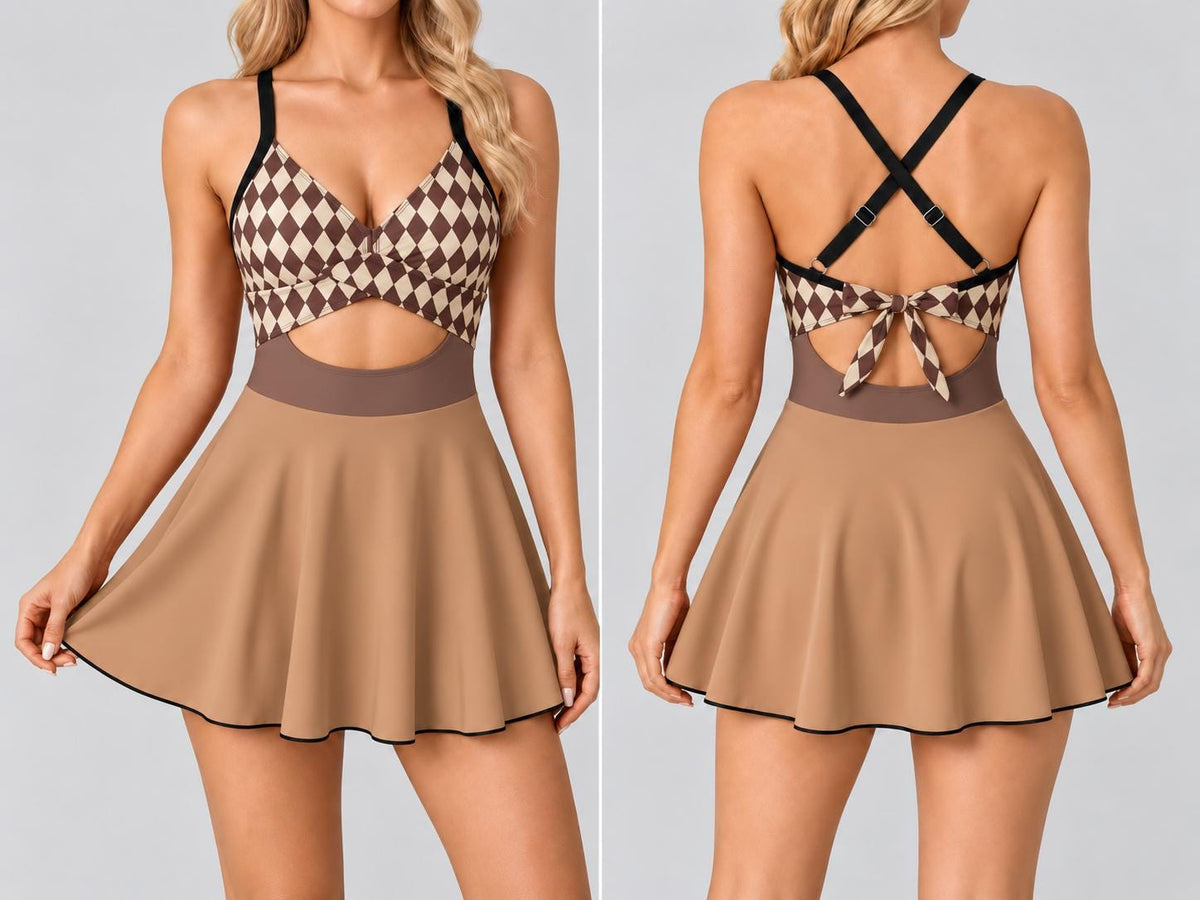 Skirted One-Piece Swimsuit with Cut-Out Detail | Integrated Bottoms | Brown Vintage Midcentury Diamond Print