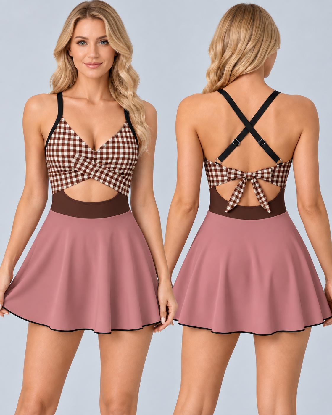 Old-Fashioned Skirted One-Piece Swimsuit | Cut-Out Detail | Integrated Bottoms | Pin-Up Vibes | Brown & Mauve Vintage Print