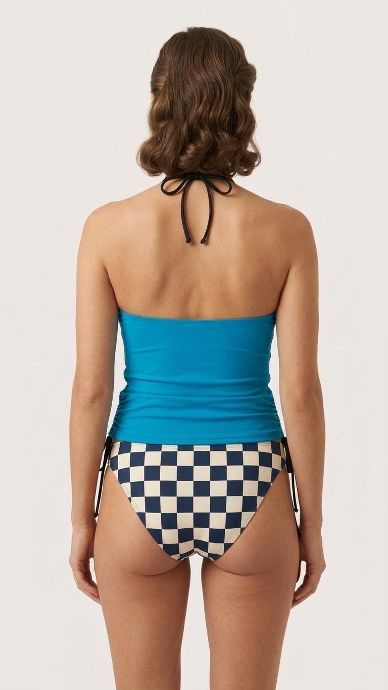 Retro Halter Tankini Swimsuit – Two-Piece Drawstring Halter Bathing Suit – Navy Checks with Electric Blue