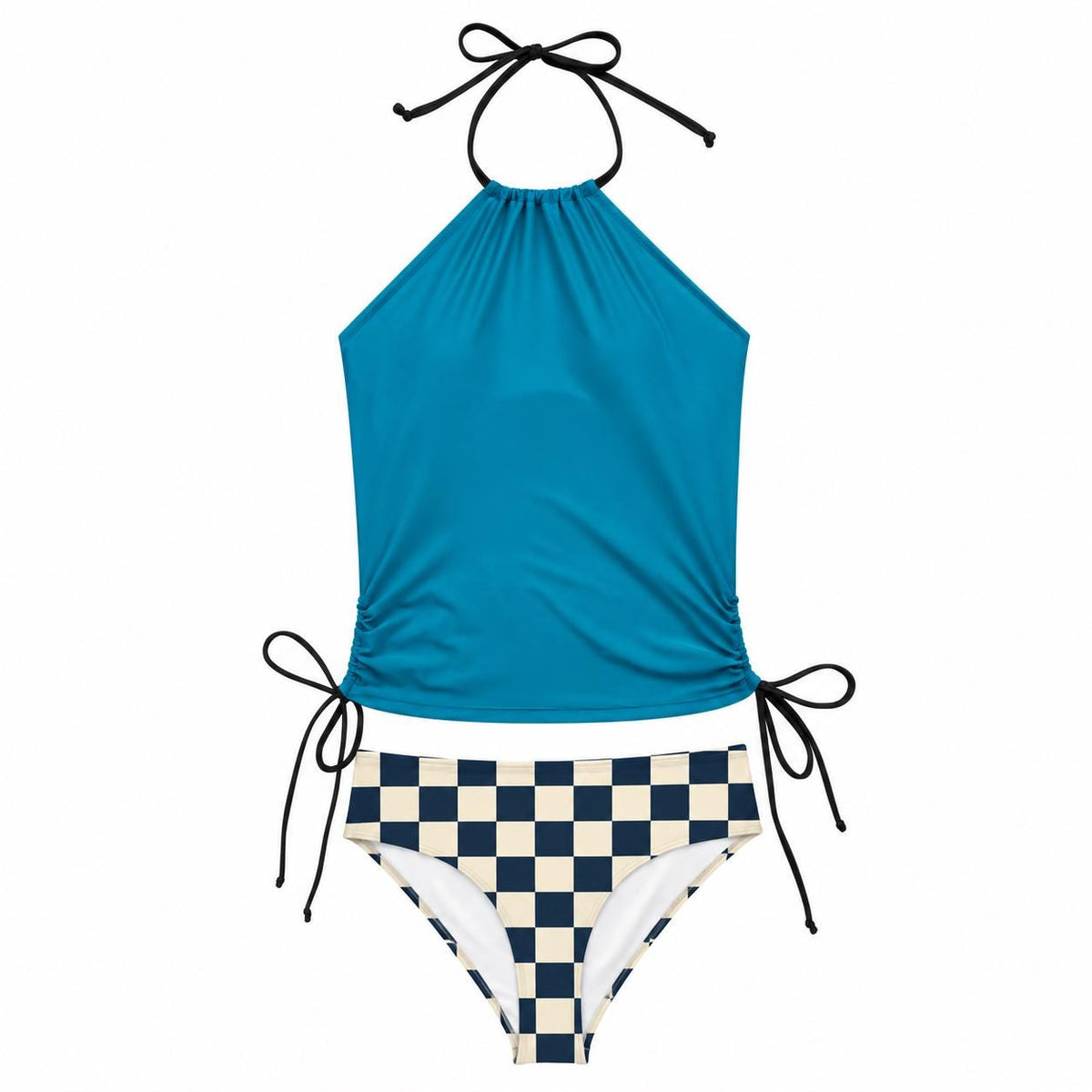 Retro Halter Tankini Swimsuit – Two-Piece Drawstring Halter Bathing Suit – Navy Checks with Electric Blue