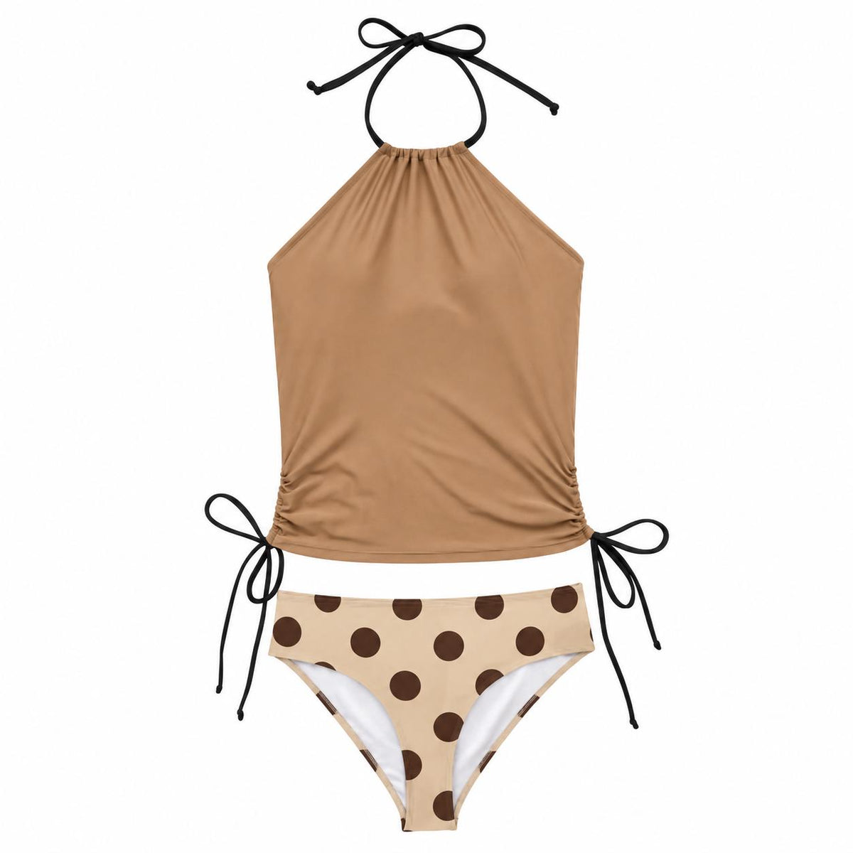 Retro Halter Tankini Swimsuit – Two-Piece Drawstring Halterneck Bathing Suit – Polka Dot Beige