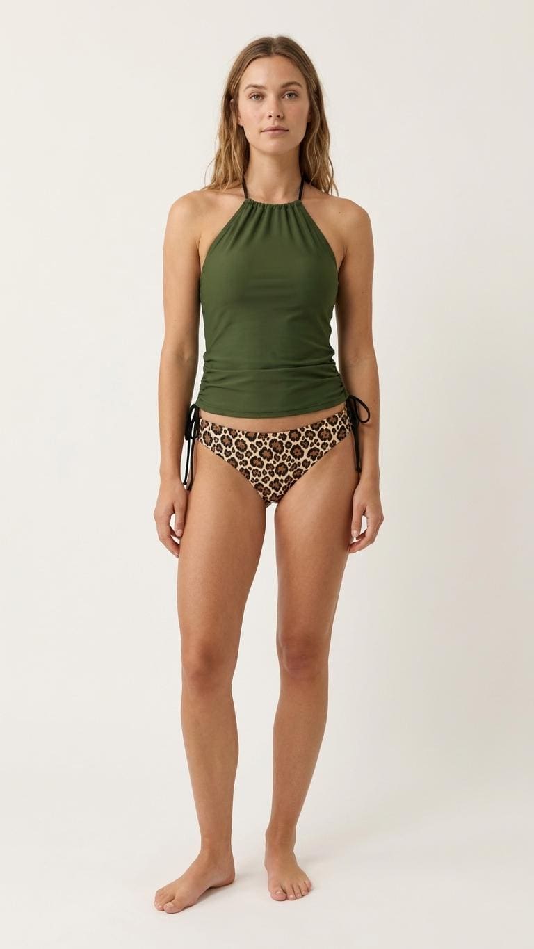 Retro Halter Tankini Swimsuit – Two-Piece Drawstring Halter Bathing Suit – Y2K Green & Leopard