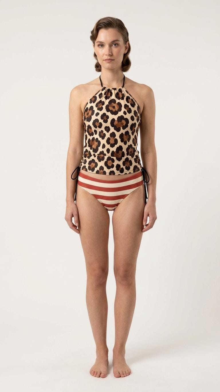 Retro Halter Tankini Swimsuit – Two-Piece Drawstring Halter Bathing Suit – Y2K Leopard & Red Stripes