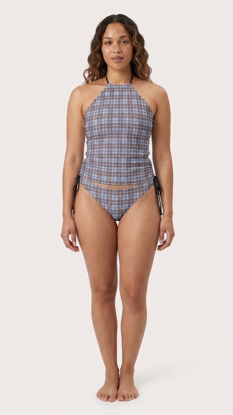 Retro Plaid Tankini: Blue & Chocolate Brown Halter Swimsuit with Drawstrings
