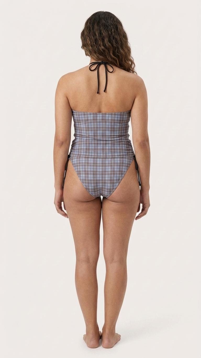 Retro Plaid Tankini: Blue & Chocolate Brown Halter Swimsuit with Drawstrings