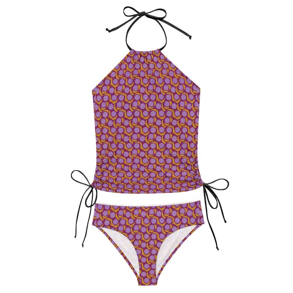 Retro Mod-Style Mid-Century Print Tankini – Vintage-Inspired Two-Piece Drawstring Halterneck Swimsuit in Purple
