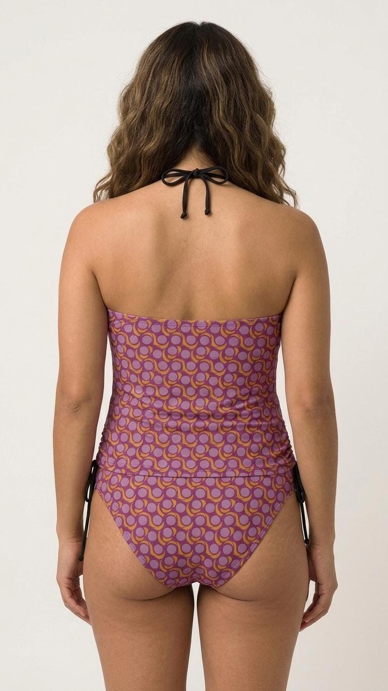 Retro Mod-Style Mid-Century Print Tankini – Vintage-Inspired Two-Piece Drawstring Halterneck Swimsuit in Purple