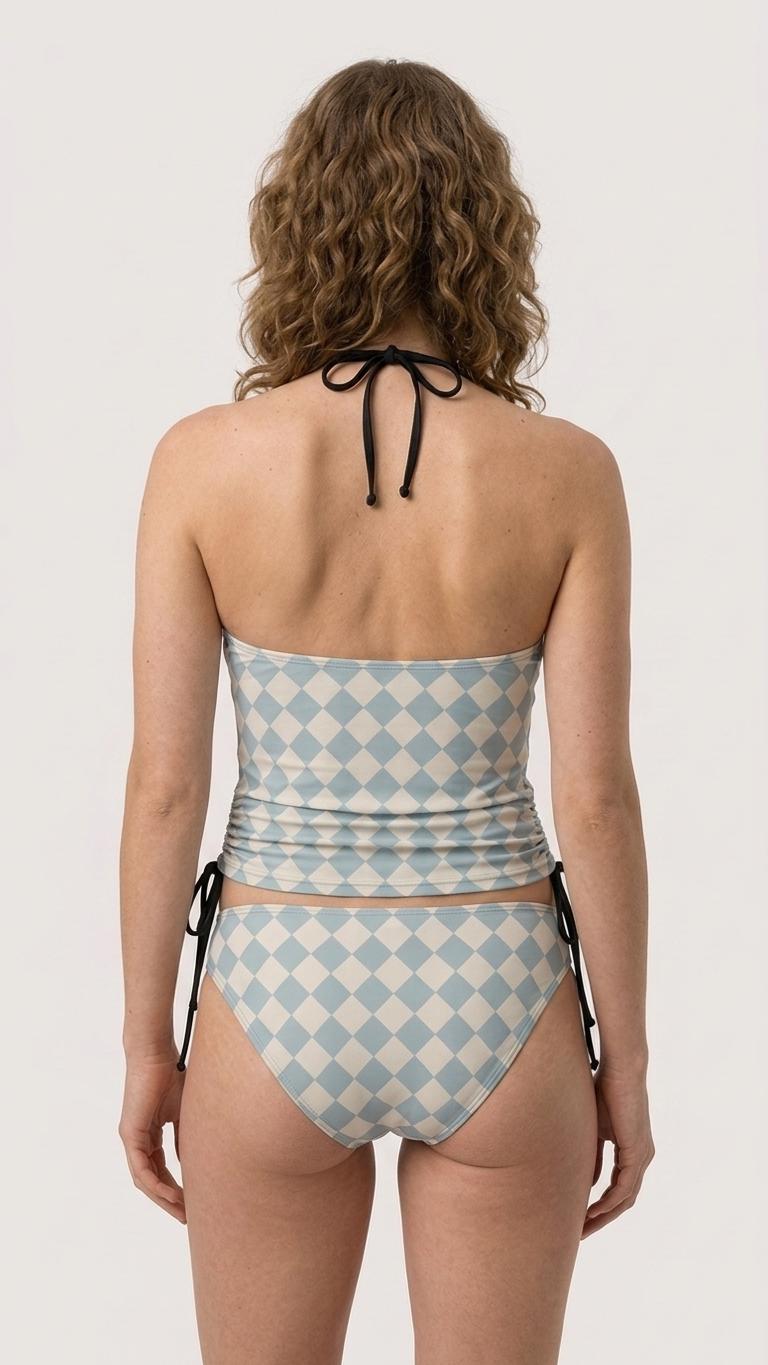 Retro Tankini, Halter Swimsuit with Drawstrings, Blue Diamonds Harlequin