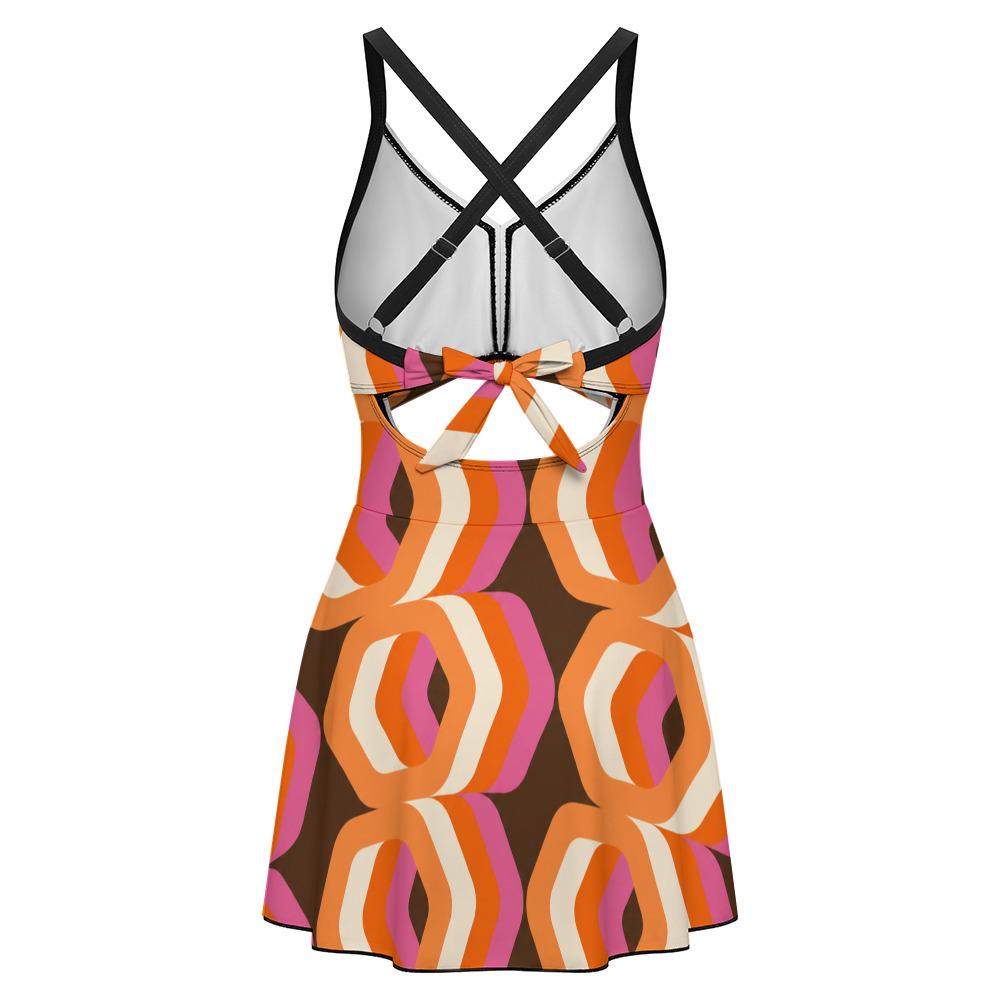 Skirted One-Piece Swimsuit with Cut-Out Detail | Integrated Bottoms | Brown Vintage Mid Century Mod Print