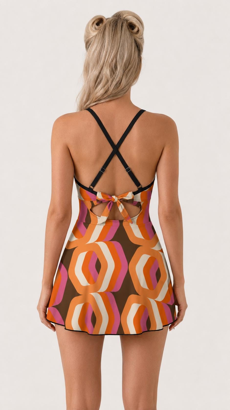 Skirted One-Piece Swimsuit with Cut-Out Detail | Integrated Bottoms | Brown Vintage Mid Century Mod Print