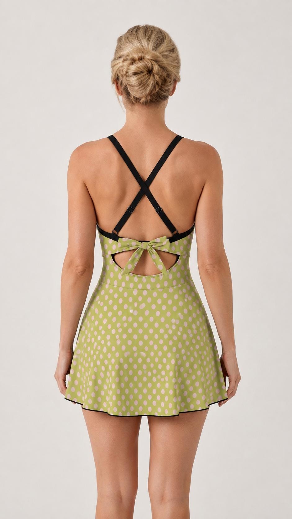 Skirted One-Piece Swimsuit with Cut-Out Detail | Integrated Bottoms | Green & Pink Retro Polka-Dot