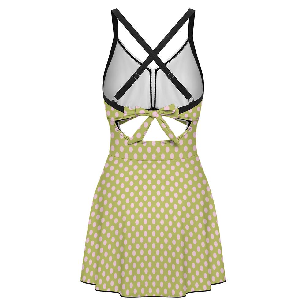 Skirted One-Piece Swimsuit with Cut-Out Detail | Integrated Bottoms | Green & Pink Retro Polka-Dot