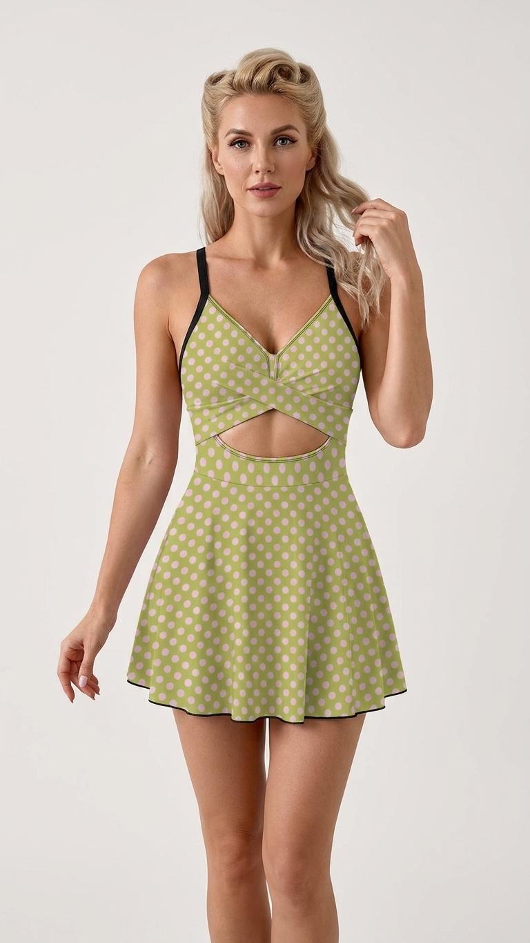 Skirted One-Piece Swimsuit with Cut-Out Detail | Integrated Bottoms | Green & Pink Retro Polka-Dot