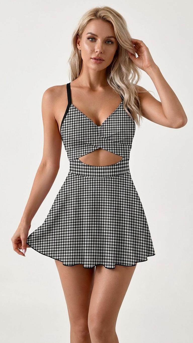 Skirted One-Piece Swimsuit with Cut-Out Detail | Integrated Bottoms | Black Vintage Gingham