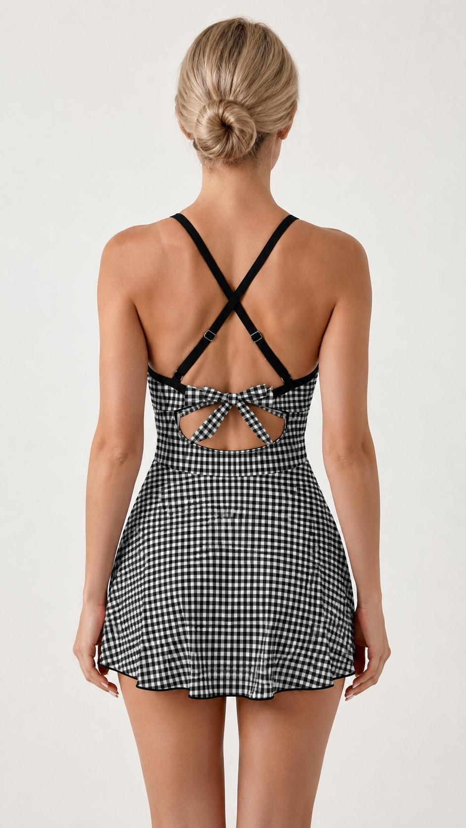 Skirted One-Piece Swimsuit with Cut-Out Detail | Integrated Bottoms | Black Vintage Gingham