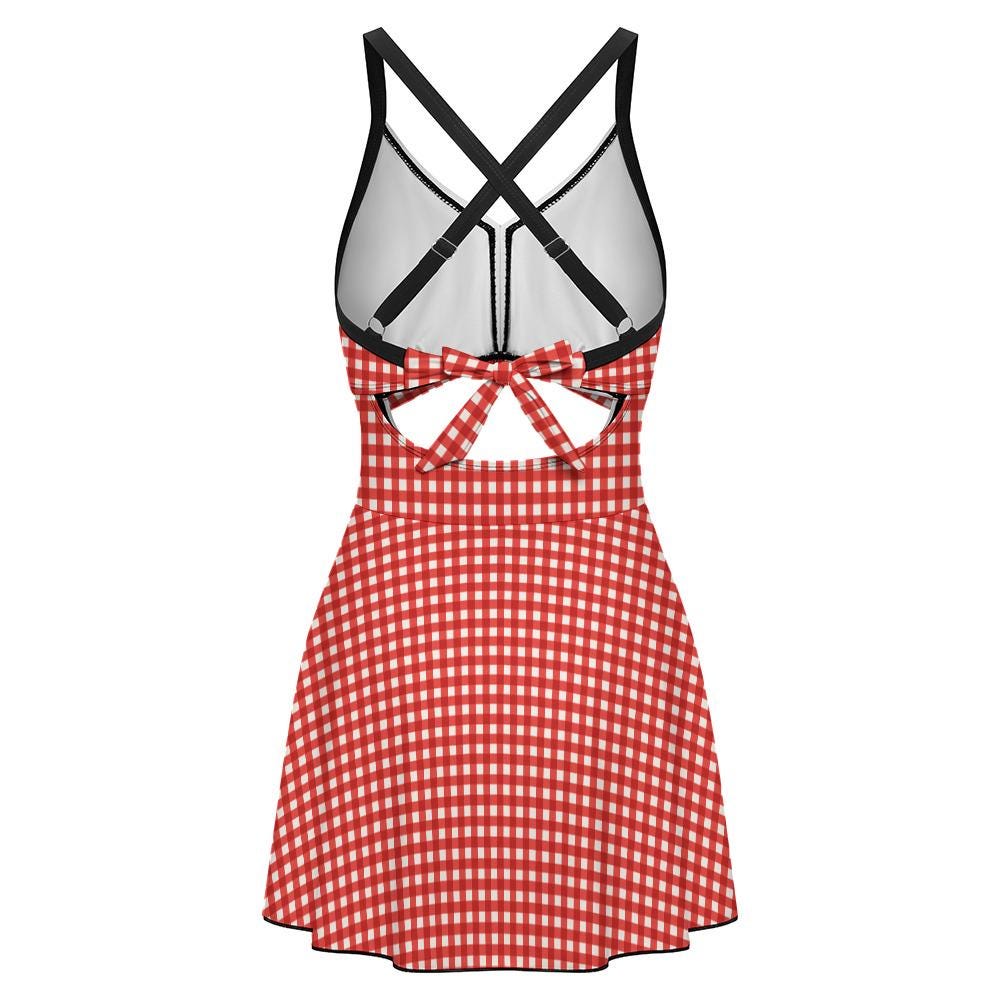 Skirted One-Piece Swimsuit with Cut-Out Detail | Integrated Bottoms | Red Vintage Gingham
